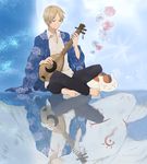  animal biwa_lute brown_eyes brown_hair cat closed_eyes different_reflection fox haori indian_style instrument japanese_clothes lute_(instrument) madara_(natsume_yuujinchou) male_focus natsume_takashi natsume_yuujinchou nyanko pocky1202 reflection sitting 