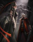 1boy 1girl bayonetta bayonetta_(character) capcom creator_connection crossover dante dante_(devil_may_cry) dantewontdie devil_may_cry epic_win glasses looking_back sword weapon white_hair 