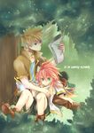  blonde_hair boots choker engrish full_body grass green_eyes guy_cecil lm2-3 long_hair luke_fon_fabre male_focus multiple_boys outdoors paper ranguage red_hair shirt shoes shorts sitting smile tales_of_(series) tales_of_the_abyss tree vest 