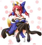  animal_ears bare_shoulders black_legwear bow breasts cleavage clog_sandals detached_sleeves fate/extra fate_(series) fox_ears fox_tail hair_bow hair_ribbon ikki_(pixiv) japanese_clothes medium_breasts red_hair ribbon sitting smile solo tail tamamo_(fate)_(all) tamamo_no_mae_(fate) thighhighs twintails yellow_eyes 