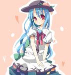  bad_id bad_pixiv_id blue_hair doraemon_(artist) food fruit hat highres hinanawi_tenshi long_hair peach red_eyes solo touhou 