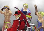  armpits bare_shoulders belt blonde_hair blue_eyes breasts cleavage clenched_hand final_fantasy final_fantasy_tactics gauntlets gloves hat headband long_hair medium_breasts monk_(fft) muhamado ponytail samurai_(fft) short_hair simple_background unitard 