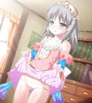  atelier_(series) atelier_totori bad_id bad_pixiv_id bare_shoulders blue_sleeves blush detached_sleeves dress dress_lift grey_eyes hat long_hair lowleg lowleg_panties multicolored multicolored_ribbon open_mouth panties petite ribbon silver_hair solo totooria_helmold underwear white_panties yano_mitsuki 