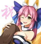  animal_ears bad_id bad_pixiv_id bare_shoulders between_breasts bow breast_smother breasts cleavage detached_sleeves fate/extra fate_(series) fox_ears fox_tail hair_bow hair_ribbon highres japanese_clothes kishinami_hakuno_(female) large_breasts multiple_girls one_eye_closed pink_hair ribbon smile tail tamamo_(fate)_(all) tamamo_no_mae_(fate) translation_request twintails yakitori_(oni) yellow_eyes yuri 