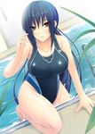  bad_id bad_pixiv_id blue_hair breasts brown_eyes competition_swimsuit dutch_angle large_breasts long_hair one-piece_swimsuit original pool poolside solo stanaka swimsuit water 