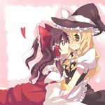  bad_id bad_pixiv_id blonde_hair blush braid brown_hair doraemon_(artist) hair_ribbon hair_tubes hakurei_reimu kirisame_marisa multiple_girls red_eyes ribbon side_braid sweatdrop touhou wings yellow_eyes yuri 