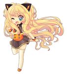  animal_ears black_skirt blonde_hair blue_eyes chibi fang full_body konsensya long_hair miniskirt one_eye_closed open_mouth seeu skirt solo striped striped_skirt thighhighs transparent_background vocaloid 