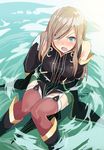  angry bare_shoulders black_legwear blue_eyes blush boots brown_hair detached_sleeves garter_straps gloves hyakuen_raitaa long_hair partially_submerged solo tabard tales_of_(series) tales_of_the_abyss tear_grants thighhighs water wet wet_clothes 