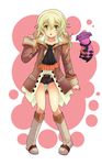 alvin_(tales) alvin_(tales)_(cosplay) blonde_hair boots coat cosplay cravat creature elize_lutus full_body green_eyes highres knee_boots kuroro_(3619105) long_hair short_shorts shorts smile solo tales_of_(series) tales_of_xillia teepo_(tales) 