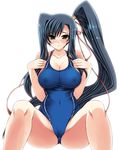  bad_id bad_pixiv_id bare_shoulders black_hair blush breasts cameltoe cleavage collarbone competition_swimsuit covered_nipples hair_ribbon highres impossible_clothes kan'u koihime_musou large_breasts long_hair looking_at_viewer navel one-piece_swimsuit ribbon shinano_yura side_ponytail simple_background sitting solo spread_legs swimsuit very_long_hair yellow_eyes 