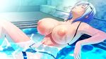  bikini blue_hair breasts eyes_closed highres huge_breasts inverted_nipples kyonyuu_majo nipples pool string_bikini submerged swimsuit tenma_yuria thigh_strap waffle water wet 