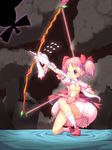  bobby_socks bow bow_(weapon) bubble_skirt flying_sweatdrops hair_bow kaname_madoka koflif kyubey magical_girl mahou_shoujo_madoka_magica one_eye_closed one_knee pink_eyes pink_hair short_hair short_twintails silhouette skirt socks twintails walpurgisnacht_(madoka_magica) weapon 