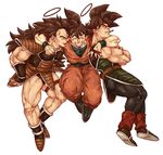  armor bandana bardock black_hair boots crossed_arms dragon_ball dragon_ball_z father_and_son grin halo jumping long_hair male_focus monkey_tail mouth_hold mudani_narimasu multiple_boys muscle open_mouth raditz siblings simple_background smile son_gokuu spiked_hair tail white_background wristband 