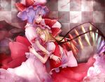  bat_wings blonde_hair blood blood_on_face blue_hair flandre_scarlet hat nazuka_(mikkamisaki) red_eyes remilia_scarlet siblings side_ponytail sisters solo touhou wings wrist_cuffs 