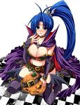  antenna_hair bad_id bad_pixiv_id belt black_skirt blue_eyes blue_hair blush boots breasts cameltoe cape checkered checkered_floor choker cleavage cover cover_page detached_sleeves facial_mark hand_to_own_mouth highres huge_breasts jack-o'-lantern kneeling lipstick long_hair looking_at_viewer magical_halloween makeup microskirt midriff navel open_mouth panties ponytail pumpkin purple_legwear rosemary_bergamot shinano_yura simple_background sitting skirt skull smile solo thighhighs underwear wariza wings 