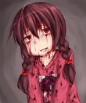  aosora_(mizore) bad_id bad_pixiv_id blood blood_on_face bloody_clothes brown_hair madotsuki pink_shirt red_eyes shirt solo tears torn_clothes twintails yume_nikki 