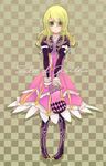  blonde_hair boots checkered checkered_background copyright_name cropped_jacket dress elize_lutus full_body green_eyes long_hair manami_(mana_3) purple_footwear tales_of_(series) tales_of_xillia teepo_(tales) 