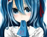  akira_ry0 aqua_eyes aqua_hair face hair_ribbon hatsune_miku long_hair mouth_hold necktie portrait ribbon solo twintails vocaloid 