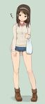  bag bare_legs boots brown_eyes brown_hair contrapposto full_body hairband head_tilt highres legs long_hair long_legs looking_at_viewer original shoes shopping_bag short_shorts shorts simple_background smile solo standing tarayama thighs tsurime 