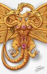  3_breasts 3_pussies anus blonde_hair blush breasts brown_eyes claws despairchanpu dragon female godzilla_(series) gold_scales hair hi_res king_ghidorah multi_breast multi_head multi_pussy multi_tail open_mouth pussy scalie simple_background solo spikes teeth tongue wings 