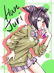  alternate_costume black_hair bow bowtie character_name drill_hair drinking_straw han_juri hand_on_hip highres juice_box purple_eyes school_uniform skirt sleeves_pushed_up solo spider_web_print street_fighter street_fighter_iv_(series) sweater twin_drills 