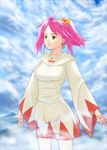  bow earrings final_fantasy final_fantasy_v green_eyes hair_bow highres hood hood_down jewelry lenna_charlotte_tycoon marco_rosso necklace pink_hair robe short_hair short_ponytail solo white_mage 