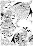  ascot bad_id bad_pixiv_id bat bat_wings bobby_socks corset cup dress drinking embellished_costume eyelashes flower frame frilled_dress frills gathers greyscale hair_ribbon hat light_smile mary_janes monochrome polearm pose remilia_scarlet ribbon rose shoes short_hair smile socks solo spear spear_the_gungnir takatora teacup too_many too_many_frills touhou weapon wings 