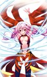  arms_up bandages black_legwear breasts center_opening cleavage detached_sleeves gensui guilty_crown long_hair looking_at_viewer medium_breasts navel open_mouth pink_hair red_eyes solo thighhighs yuzuriha_inori 