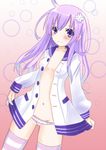  1girl blush breasts choujigen_game_neptune choujigen_game_neptune_mk2 cleavage coat compile_heart female gust hair_ornament idea_factory long_hair midriff nepgear nepgear_(choujigen_game_neptune) neptune_(series) nippon_ichi open_clothes open_coat panties purple_eyes purple_hair solo striped striped_legwear striped_panties striped_thighhighs thighhighs underwear ykkk 