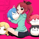  2ch 5girls :3 ^_^ black_eyes black_hair blonde_hair blue_hair blush bow charlotte_(madoka_magica) drill_hair empty_eyes eyes_closed grin hair_bow kyubey long_hair looking_back louise-louis-lucille mahou_shoujo_madoka_magica mami_mogu_mogu multiple_girls pink_hair ponytail red_eyes red_hair short_hair short_twintails shorts sitting smile twin_drills twintails v yellow_eyes 