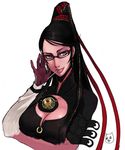  bayonetta bayonetta_(character) black_hair breasts candy cleavage cleavage_cutout earrings elbow_gloves food glasses gloves jewelry large_breasts lollipop mole mole_under_mouth nishizawa_saburou solo white_background 