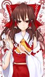  absurdres ascot bare_shoulders brown_hair detached_sleeves hair_ribbon hair_tubes hakurei_reimu highres ponytail red_eyes ribbon solo touhou yami_nabe 