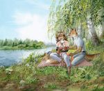  bag birch canine couple date detailed_background duo female flower forest fox grass jeans male mammal nature nekoart outside picnic river sandals scenery sitting sky thermos tree water wood wristwatch 