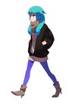  bad_id bad_pixiv_id blue_eyes blue_hair boots brown_scarf full_body hatsune_miku long_hair pantyhose purple_legwear scarf simple_background solo tomioka_jirou twintails vocaloid walking 