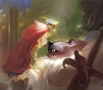  black_nose blonde_hair clothing crouching crying eyes_closed female group hair hood human jerboa kissing little_red_riding_hood lying male mammal mouse rodent shirt sword tears toronn weapon 