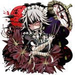  bandages between_fingers blood blood_splatter braid clock flower givuchoko grey_hair highres izayoi_sakuya knife maid maid_headdress mouth_hold red_eyes ribbon solo spider_lily touhou twin_braids upper_body 