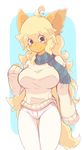  anthro big_breasts blonde_hair breasts clothed clothing eeveelution female flareon hair hi_res kosyo looking_at_viewer nintendo pinup pok&#233;mon pok&#233;morph pok&eacute;mon pok&eacute;morph pose scarf solo standing video_games 