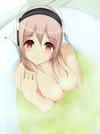  bathing bathtub blush breasts cleavage face headphones large_breasts looking_at_viewer nitroplus niwatori_kokezou nude pink_hair red_eyes solo super_sonico water 