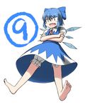  1girl aoinu barefoot bloomers blue_dress blue_eyes blue_hair bow cirno crossed_arms dress fang full_body hair_bow looking_at_viewer open_mouth ribbon short_hair simple_background solo touhou underwear white_background wings 