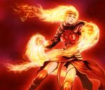  armor breastplate burning_hand chandra_nalaar clenched_teeth feet_out_of_frame fiery_hair fire goggles goggles_on_head long_hair looking_away magic:_the_gathering parted_lips pauldrons pyrokinesis red serious skirt solo standing teeth thighhighs un yellow_eyes 