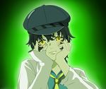  androgynous black_hair cabbie_hat dark_persona hands_on_own_cheeks hands_on_own_face hat meteoris necktie oversized_clothes parody persona persona_4 reverse_trap shirogane_naoto short_hair solo yandere_trance yellow_eyes 