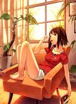  bad_id bad_pixiv_id barefoot bra_strap brown_eyes brown_hair chair cherry curtains easy_chair eating feet feet_on_chair food fruit full_body indoors kimura_(ykimu) knees_up legs long_legs magazine original shirt short_hair shorts sitting solo taut_clothes taut_shirt twilight window 