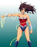  1girl amazon blue_eyes boots bouzu_oyaji brown_hair choker dc_comics female lasso leotard long_hair princess_diana_of_themyscira rope solo standing tiara tonbo_mam wonder_woman wonder_woman_(series) wristband 