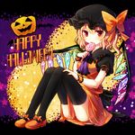  alternate_color alternate_costume ascot black_legwear blonde_hair bow candy fingernails flandre_scarlet food halloween happy_halloween hat hat_bow kohaku. lollipop mary_janes nail_polish red_eyes ribbon shoes short_hair side_ponytail solo thighhighs touhou wings wrist_cuffs 