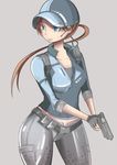  artist_request baseball_cap curvy female gun handgun hat jill_valentine nasu800 nasugaki pants ponytail resident_evil resident_evil_5 solo thick_thighs thighs weapon 