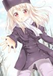  :o bad_id bad_pixiv_id beckoning blonde_hair blush breath child coat dutch_angle fate/zero fate_(series) fur_hat hat illyasviel_von_einzbern jacket long_hair looking_at_viewer open_mouth outstretched_hand purple_hat red_eyes scarf silver_hair smile snow solo tareme wataru_(zazazazazazawa) white_hair white_scarf wide-eyed younger 