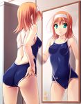  adjusting_clothes adjusting_swimsuit aqua_eyes arena_(company) ass bare_shoulders breasts cameltoe collarbone competition_school_swimsuit competition_swimsuit covered_nipples from_behind hairband highres kimi_ga_nozomu_eien mirror norizou_type-r one-piece_swimsuit orange_hair reflection short_hair small_breasts solo standing suzumiya_akane swimsuit 