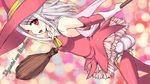  bare_shoulders broom character_name dutch_angle fate/stay_night fate_(series) hat highres illyasviel_von_einzbern long_hair okinagara_neteta pink_hat red_eyes silver_hair solo thighhighs white_hair witch witch_hat 