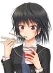  amagami black_eyes black_hair black_jacket blush chopsticks cup_ramen eating flat_chest food jacket kamaboko kibito_high_school_uniform long_sleeves nanasaki_ai narutomaki noodles school_uniform short_hair simple_background solo steam swirl takeru_(at_will) upper_body white_background 