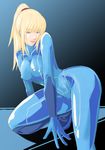  blonde_hair blue_eyes bodysuit erect_nipples female furubokko highres kneeling long_hair metroid ponytail samus_aran solo zero_suit 